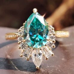 Pear Cut Green Moissanite Engagement Ring