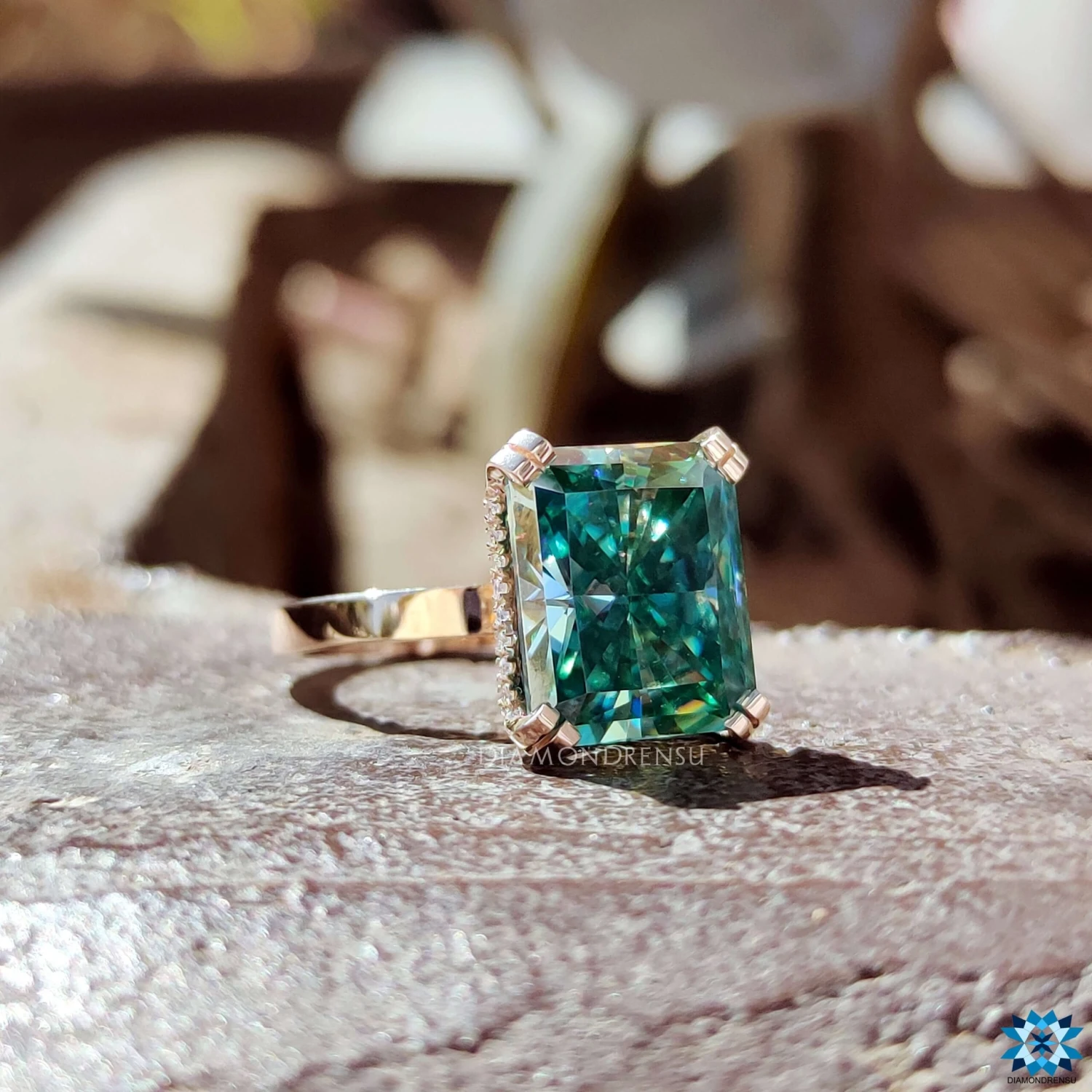 8.44 TCW Cyan Blue Radiant Cut Hidden Halo Moissanite Engagement Ring - Image 4