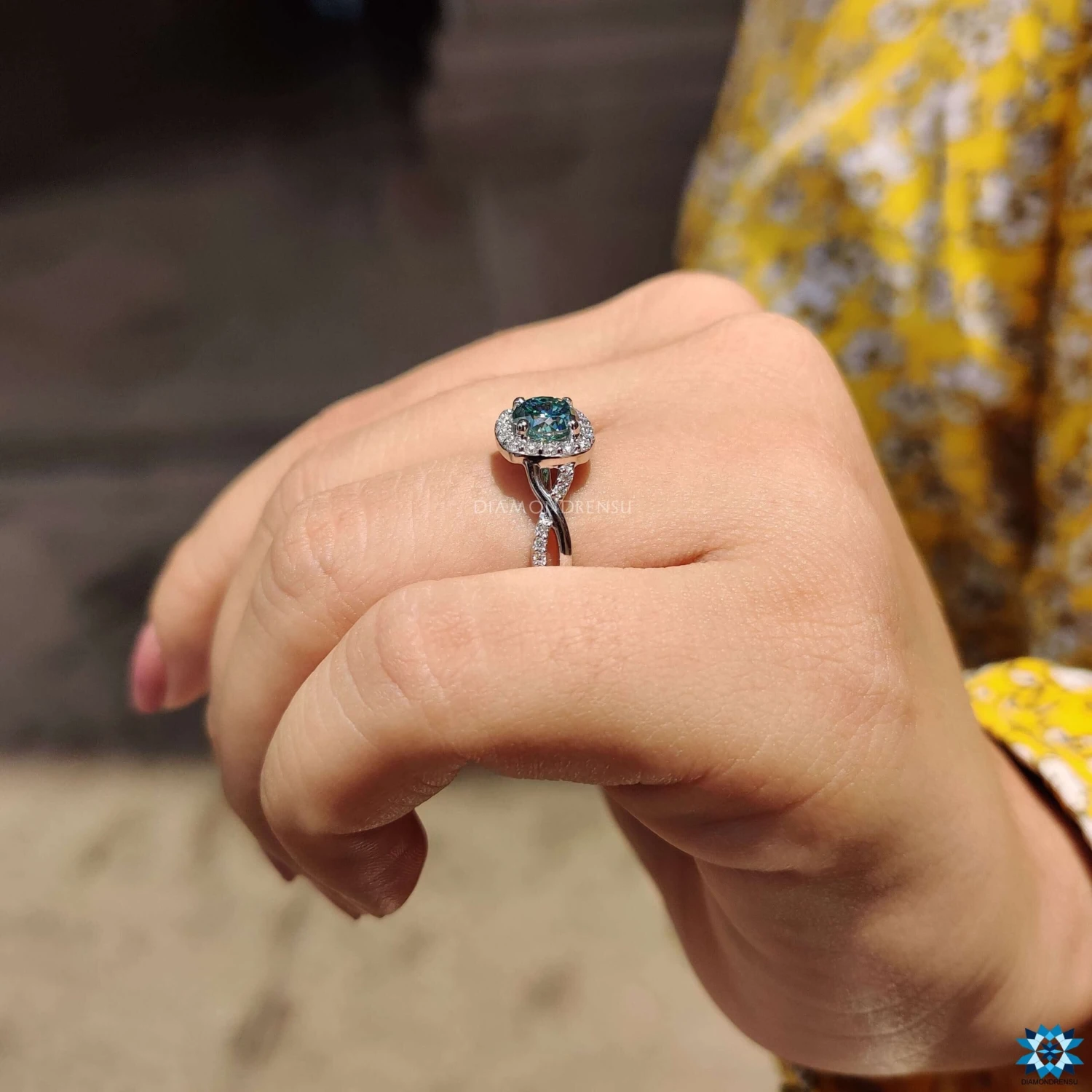 1.0 CT Portuguese Cut Twisted Pave Shank Cyan Blue Moissanite Ring - Image 7