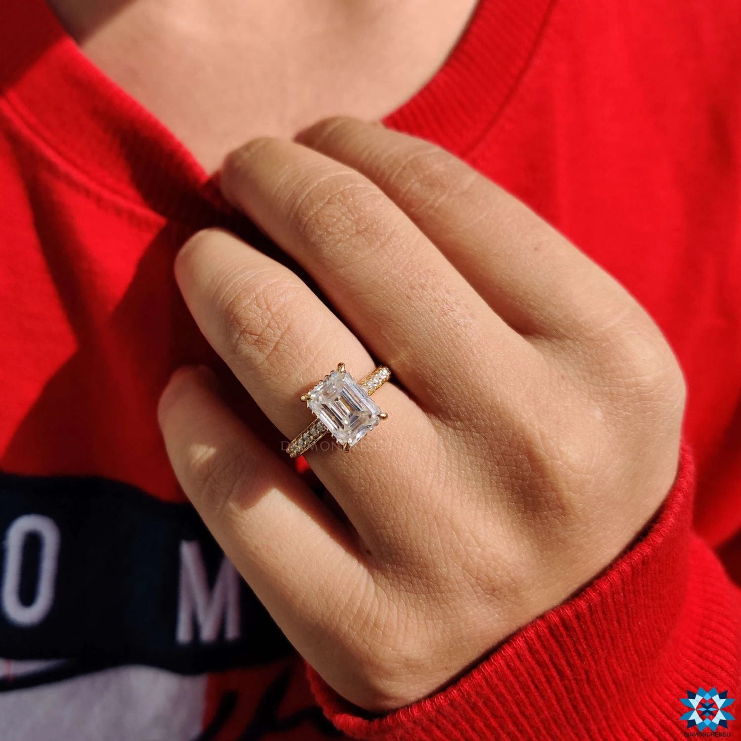 2.82 TC Colorless Emerald Cut Moissanite Cathedral Pave Set Affordable Moissanite Engagement Ring - Image 6