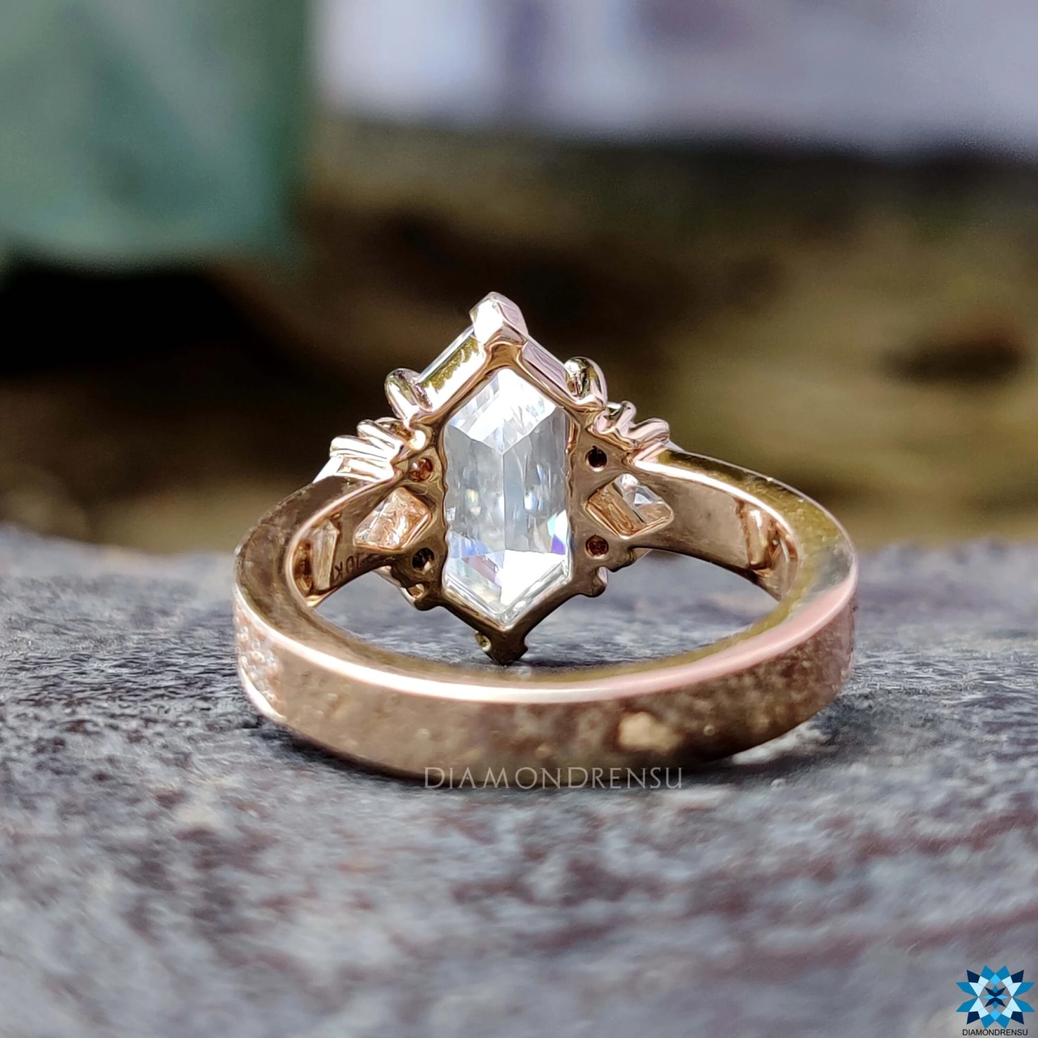 Dual Row Pave Set Vintage Inspired 2.66 TW Hexagon Criss Cut Unique Moissanite Engagement Ring - Image 3