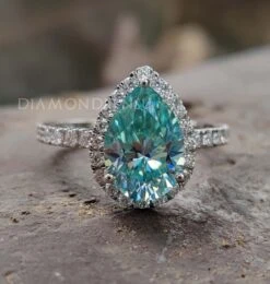 2.30 TCW Cyan Blue Pear Cut Halo Pave Moissanite Wedding Ring