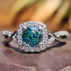 1.0 CT Portuguese Cut Twisted Pave Shank Cyan Blue Moissanite Ring