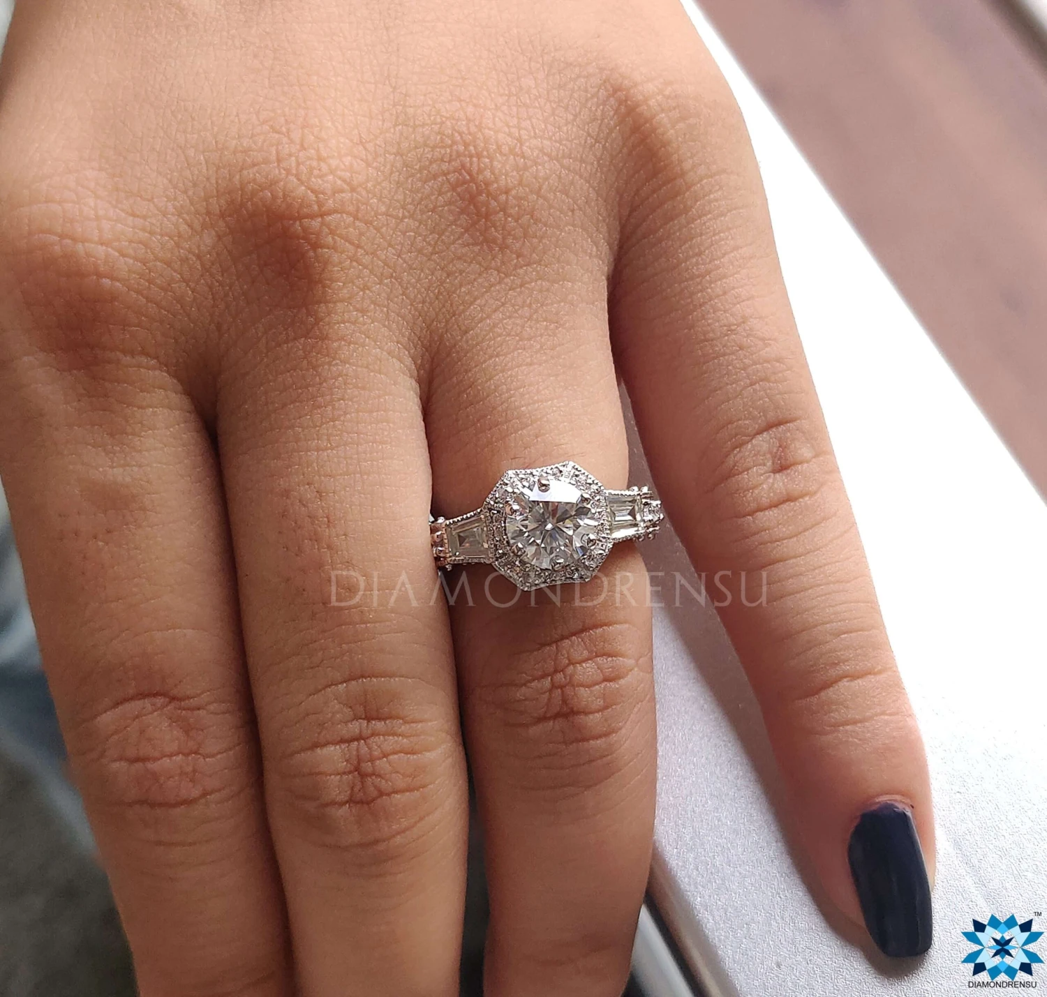 Antique Vintage 1.59 TCW Round Baguette Moissanite Engagement Ring - Image 8