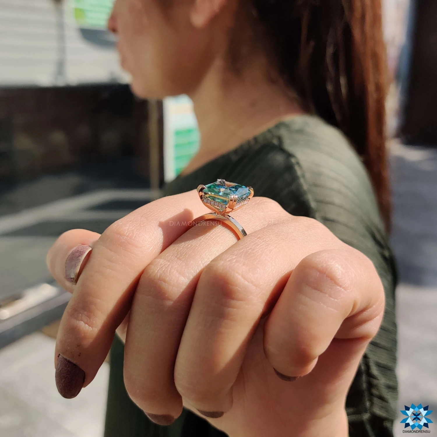 8.44 TCW Cyan Blue Radiant Cut Hidden Halo Moissanite Engagement Ring - Image 6