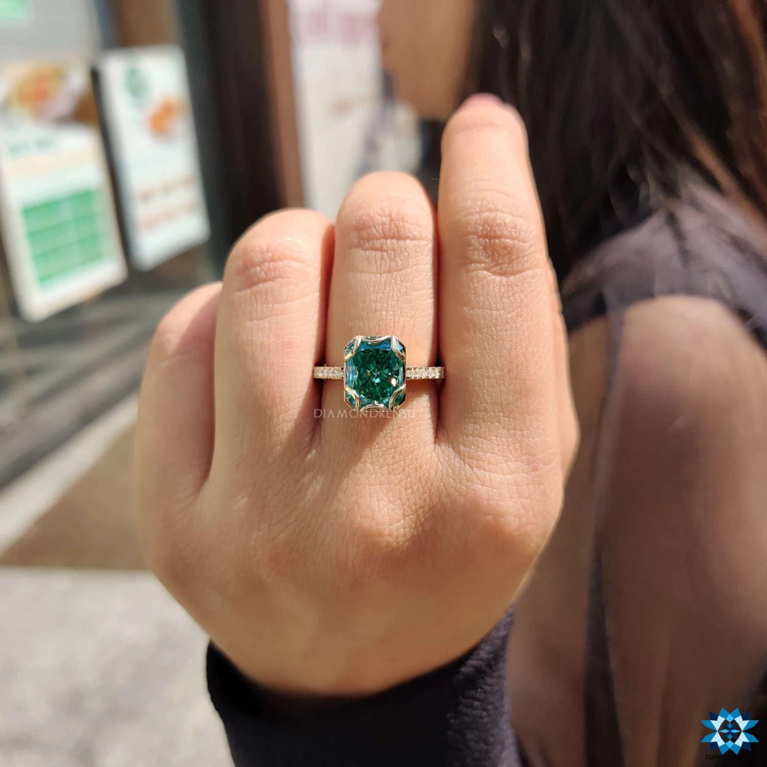 Vintage Style Engagement Ring, 3.30 CT Radiant Cut Green Moissanite Ring - Image 9