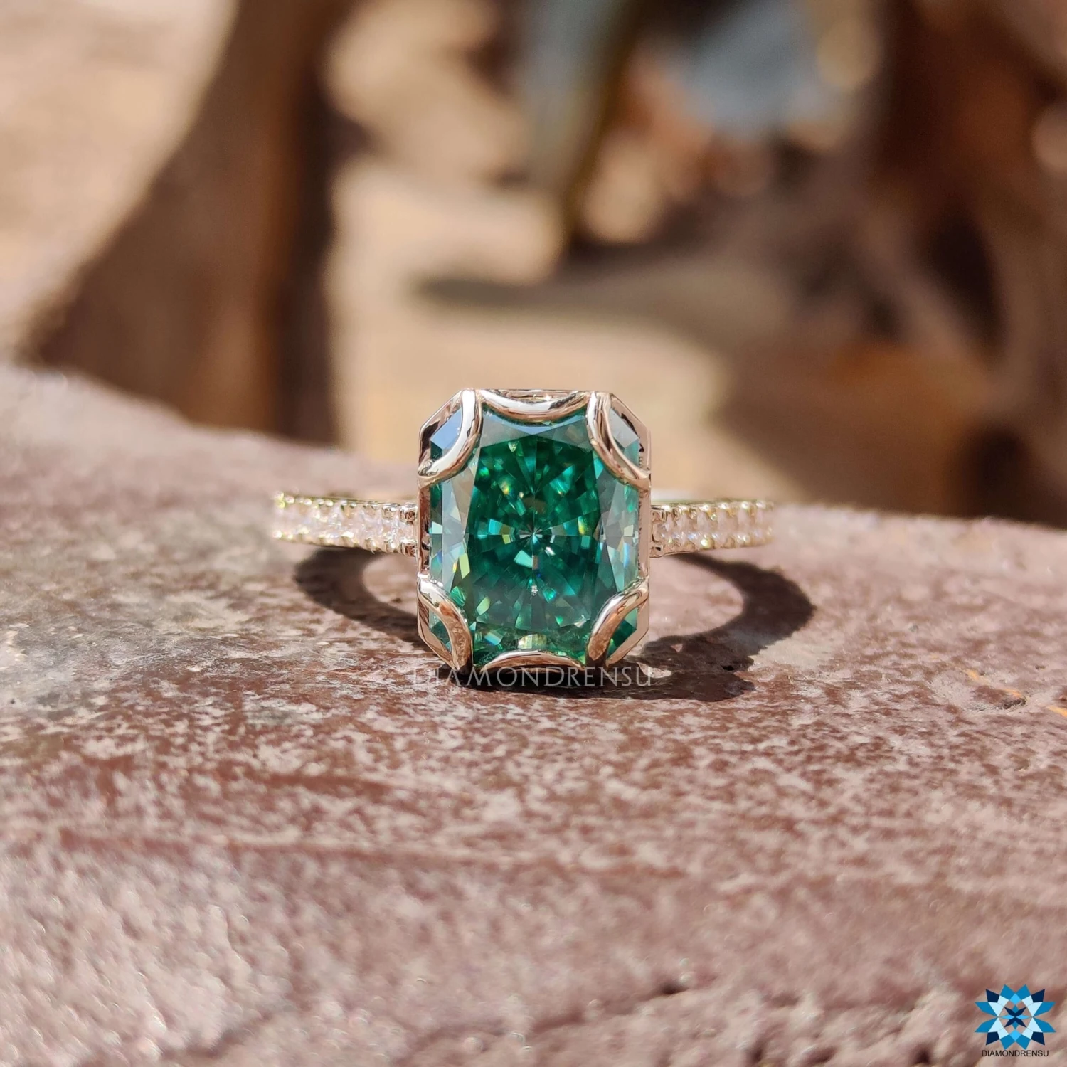 Vintage Style Engagement Ring, 3.30 CT Radiant Cut Green Moissanite Ring - Image 4