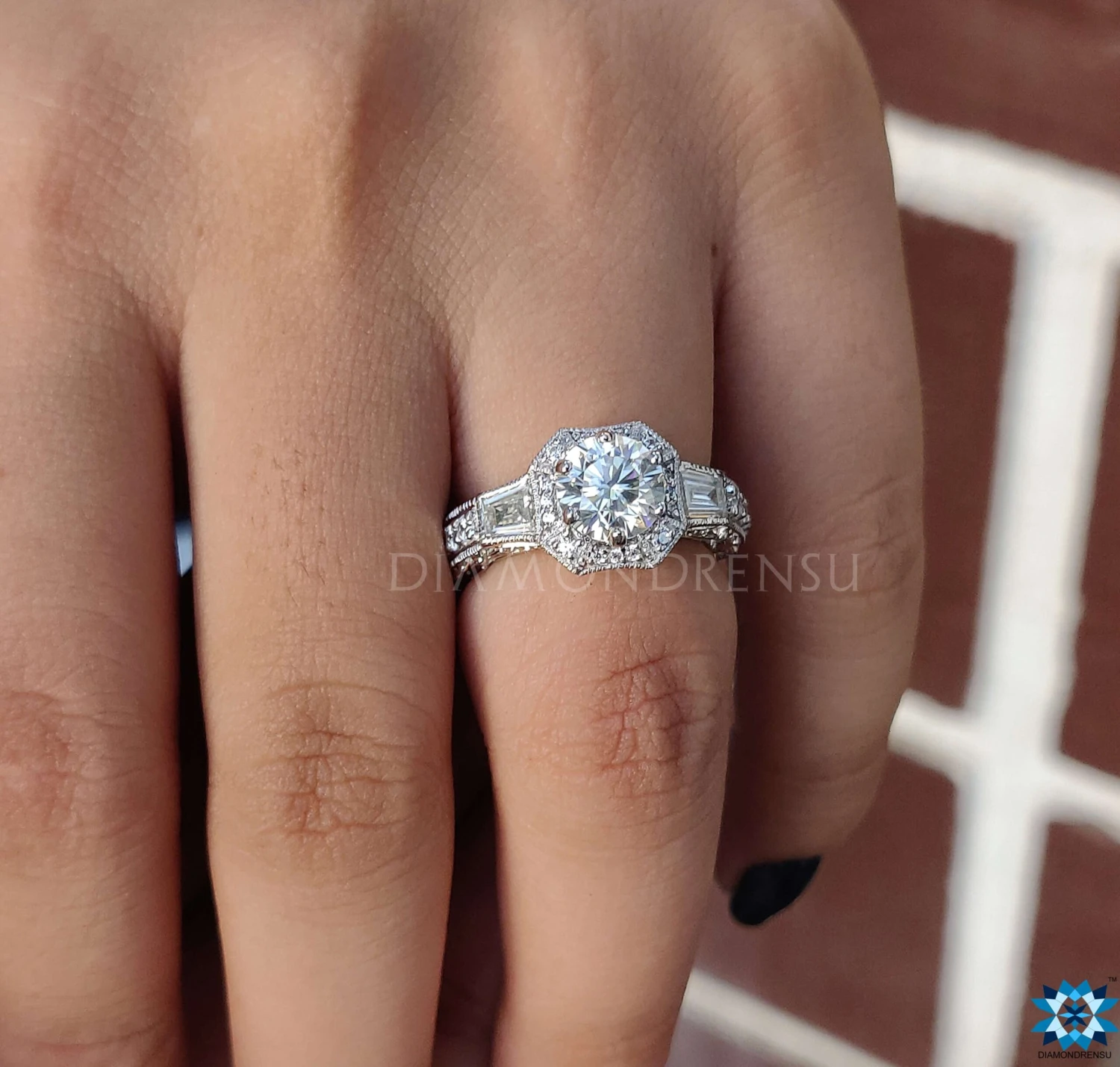 Antique Vintage 1.59 TCW Round Baguette Moissanite Engagement Ring - Image 2