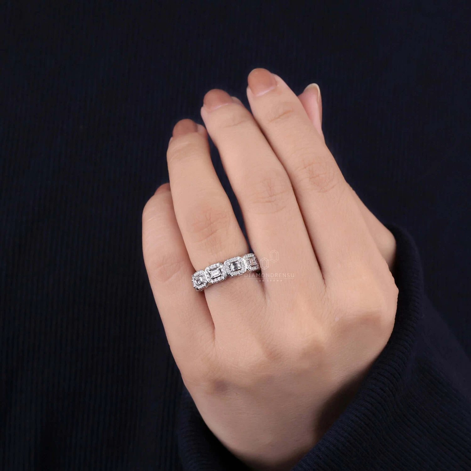 Emerald Cut Wedding Band, Lab Grown Diamond Eternity Band, Round Halo Band - Image 3