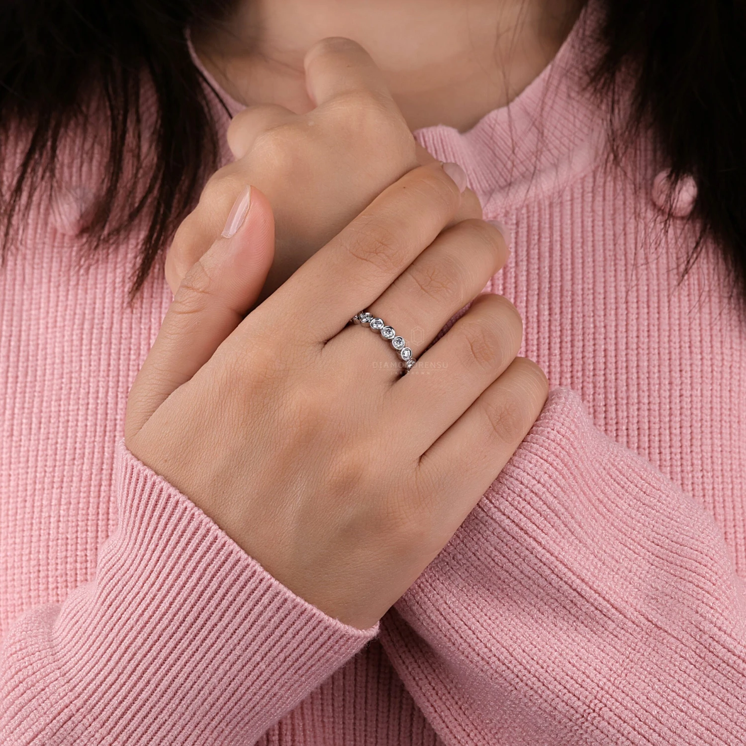 Diamond Eternity Band, 2.50 MM Round Brilliant Cut Lab Created Diamond Wedding Band, Bezel Set Band - Image 3