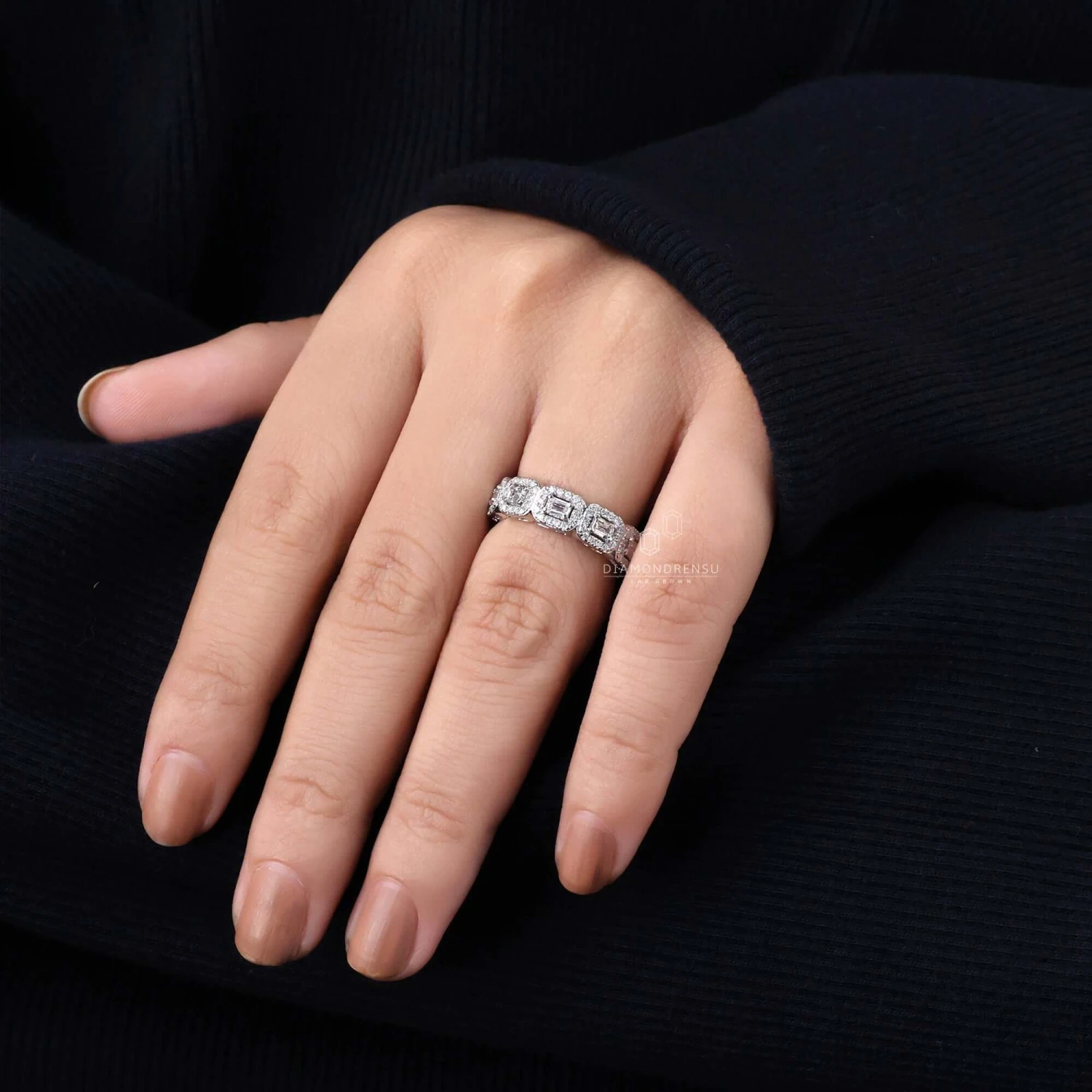 Emerald Cut Wedding Band, Lab Grown Diamond Eternity Band, Round Halo Band - Image 2