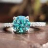 1.25 CT Round Brilliant Cut Cyan Blue Moissanite Ring, Pave Engagement Ring