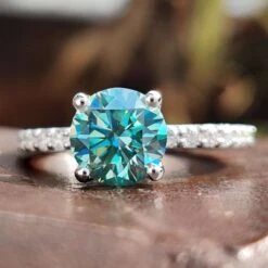 1.25 CT Round Brilliant Cut Cyan Blue Moissanite Ring, Pave Engagement Ring