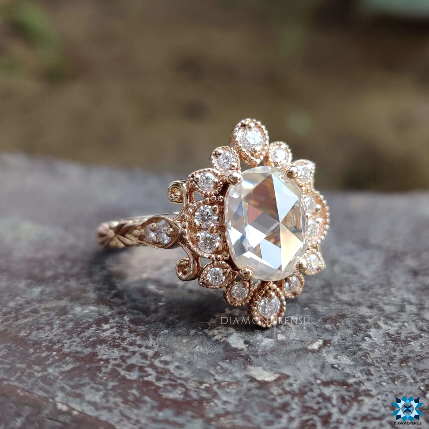 2.26 TW Oval Rose Cut Unique Vintage Style Unique Moissanite Engagement Ring - Image 4