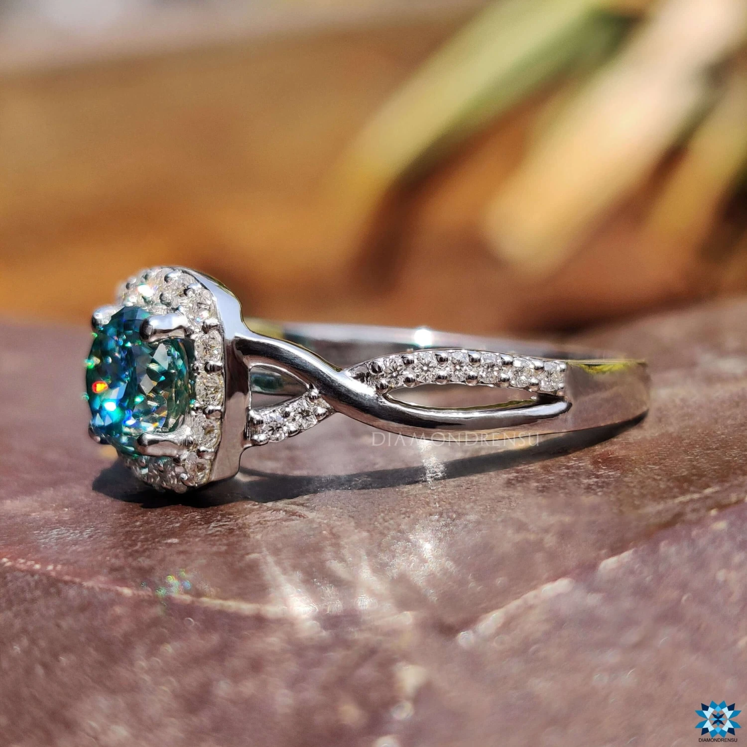 1.0 CT Portuguese Cut Twisted Pave Shank Cyan Blue Moissanite Ring - Image 5