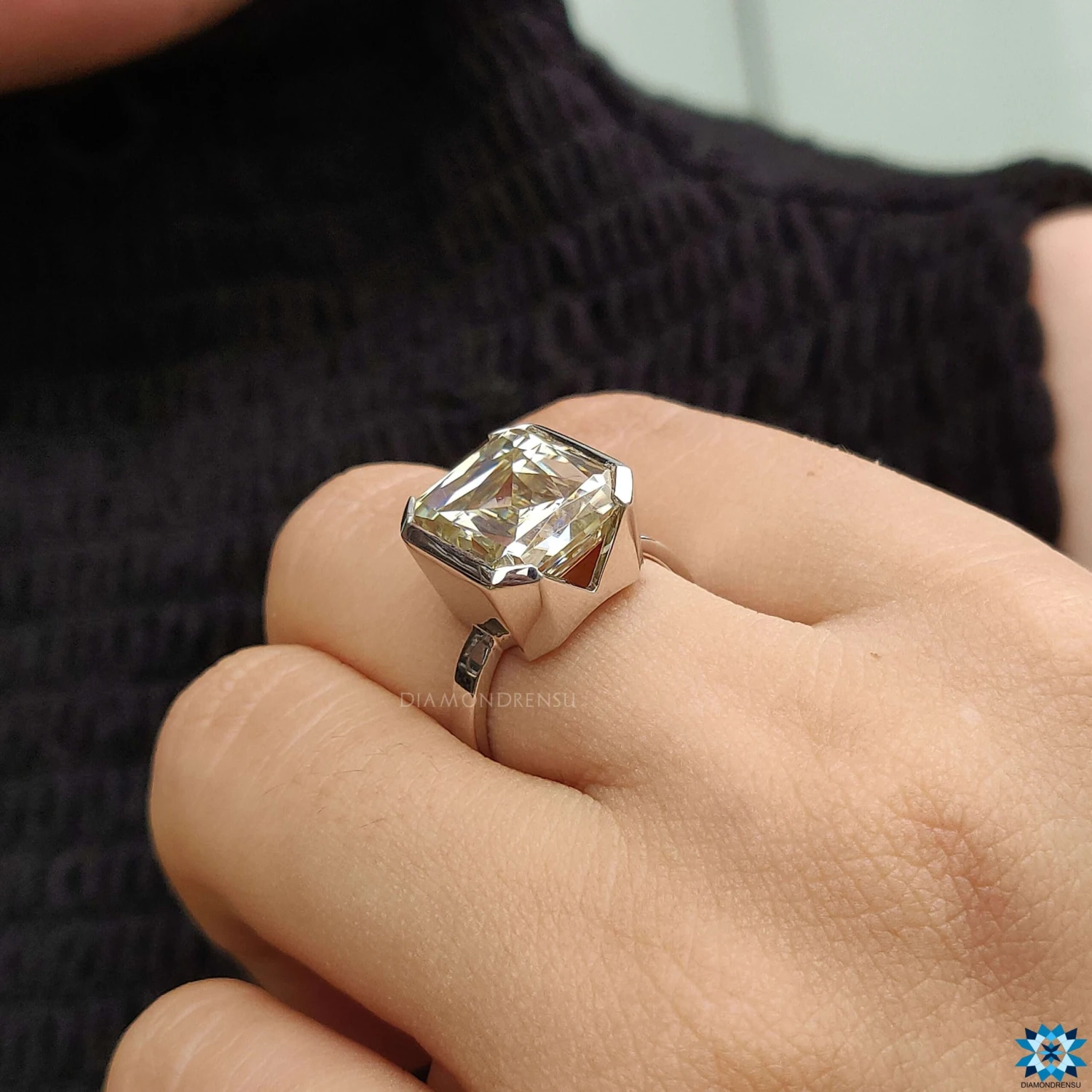 Unique 9.14 CT Criss Cut Moissanite Half Bezel Set Solitaire Engagement Ring - Image 7