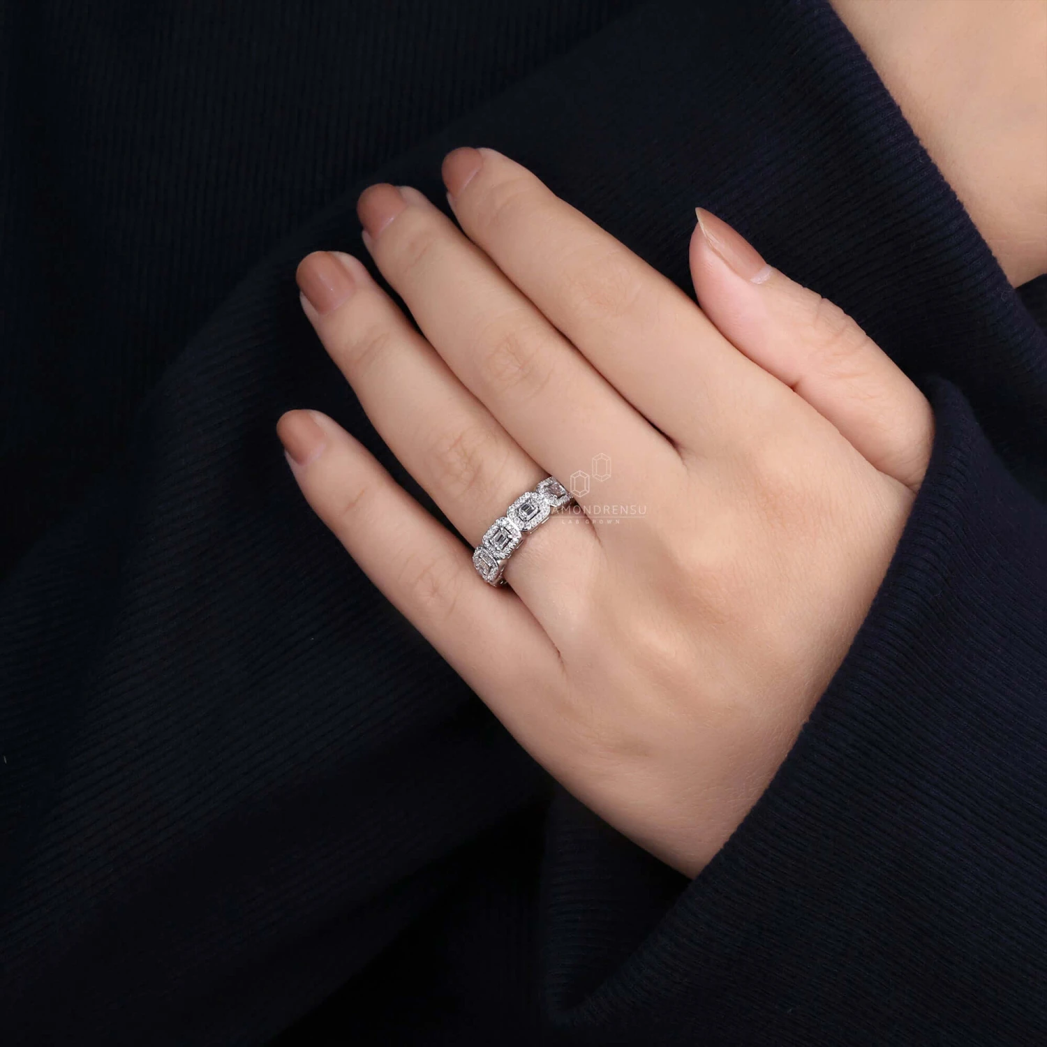 Emerald Cut Wedding Band, Lab Grown Diamond Eternity Band, Round Halo Band - Image 9