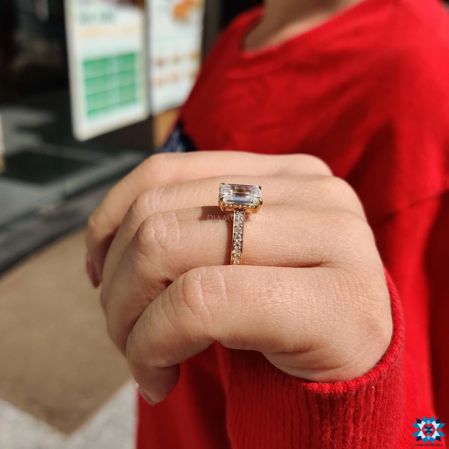 2.82 TC Colorless Emerald Cut Moissanite Cathedral Pave Set Affordable Moissanite Engagement Ring - Image 8