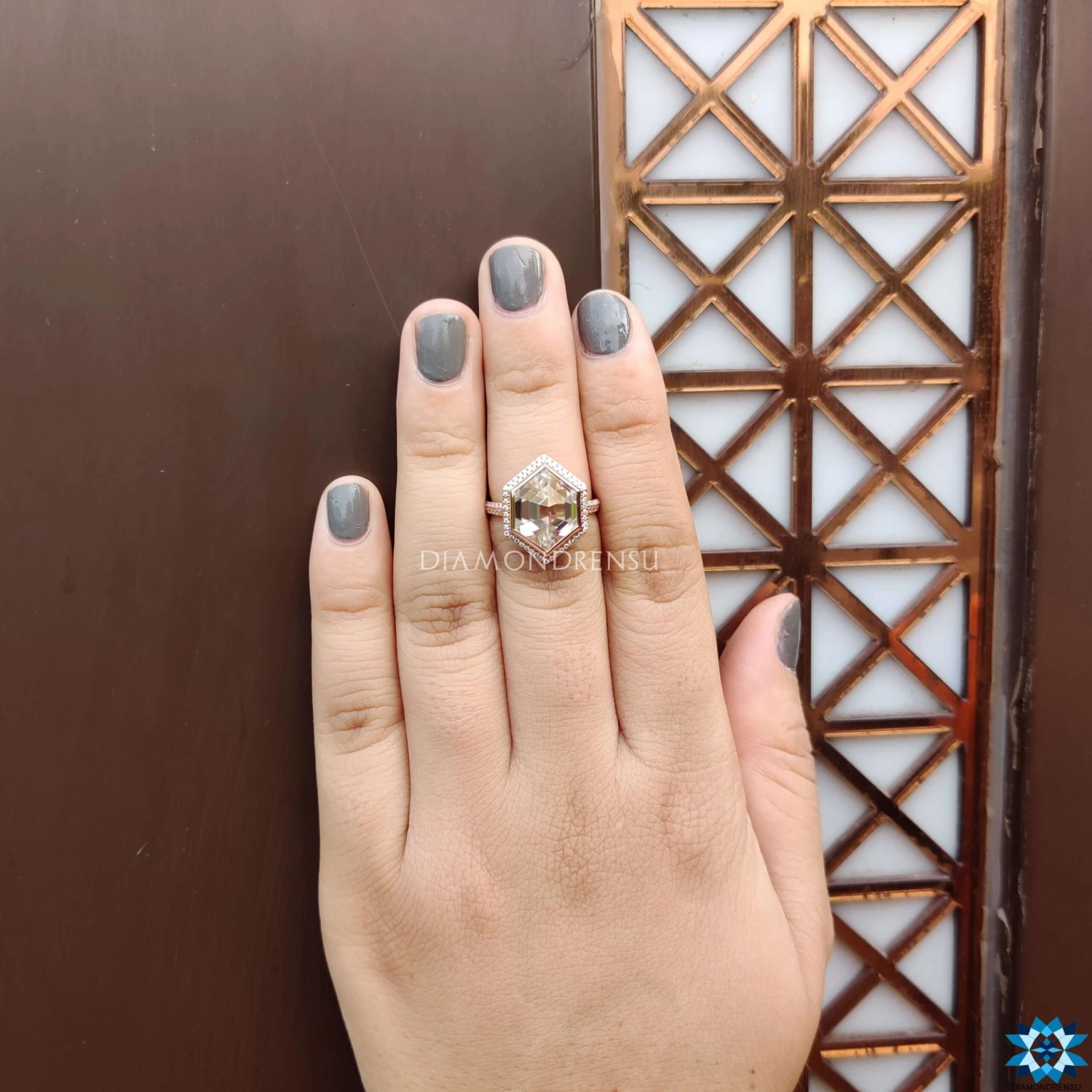 5.33 TCW Hexagon Rose Cut Dazzling Micro Pave Halo Engagement Ring - Image 8