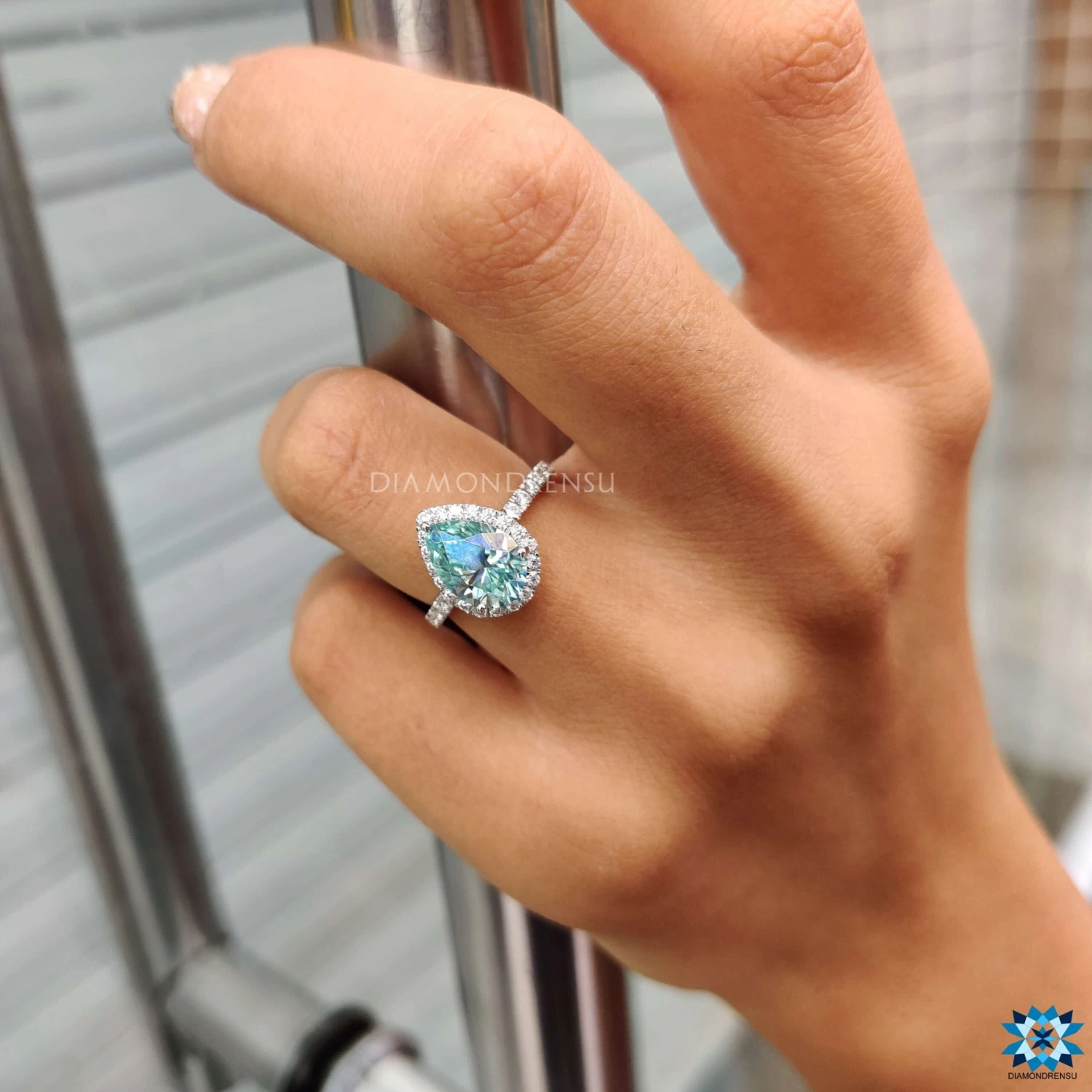 2.30 TCW Cyan Blue Pear Cut Halo Pave Moissanite Wedding Ring - Image 8